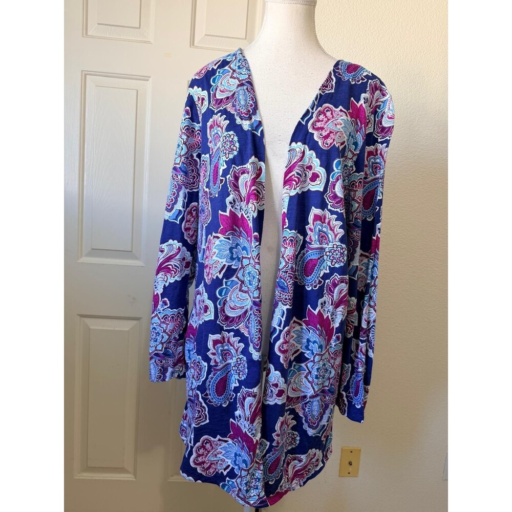 Chicos Ultimate Tee Size 2 Large Paisley Open Front Cardigan Top Pockets Boho - Picture 2 of 13